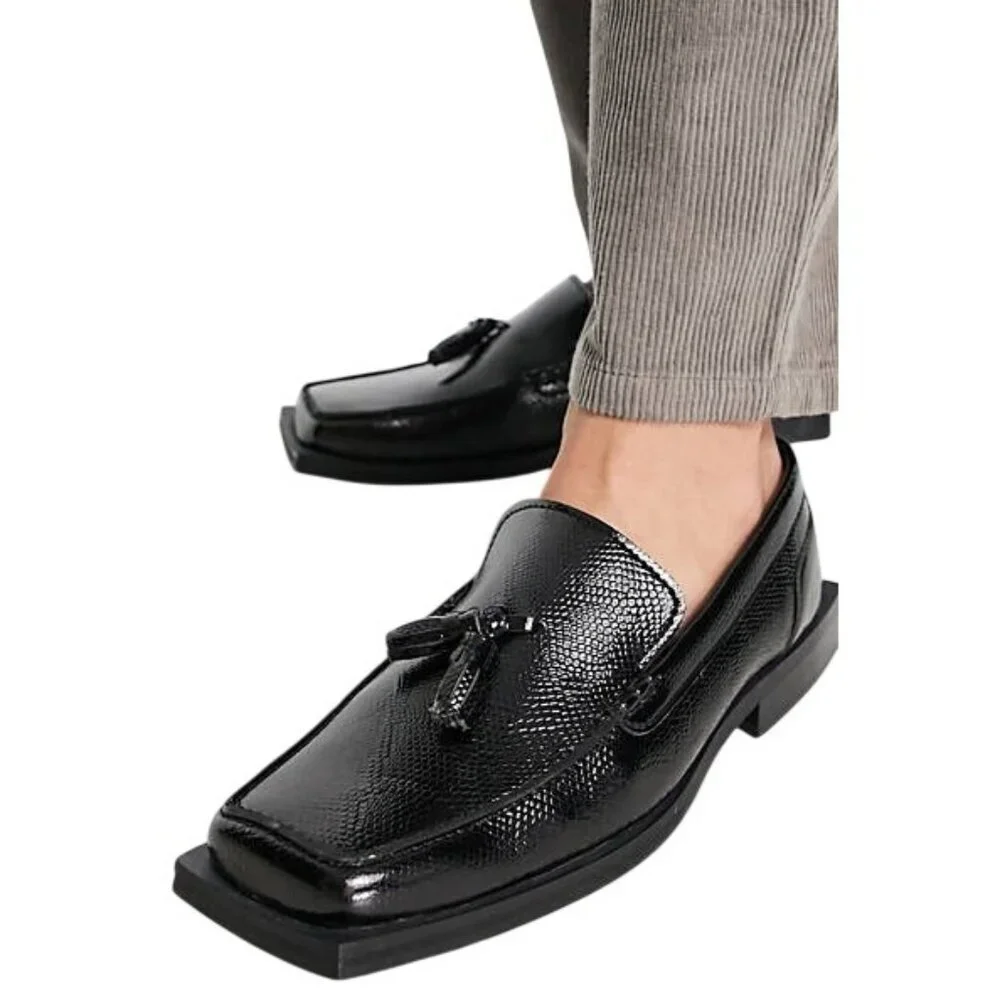 ASOS Black Snakeskin Embossed Vegan Leather Square toe tassel loafer size 7